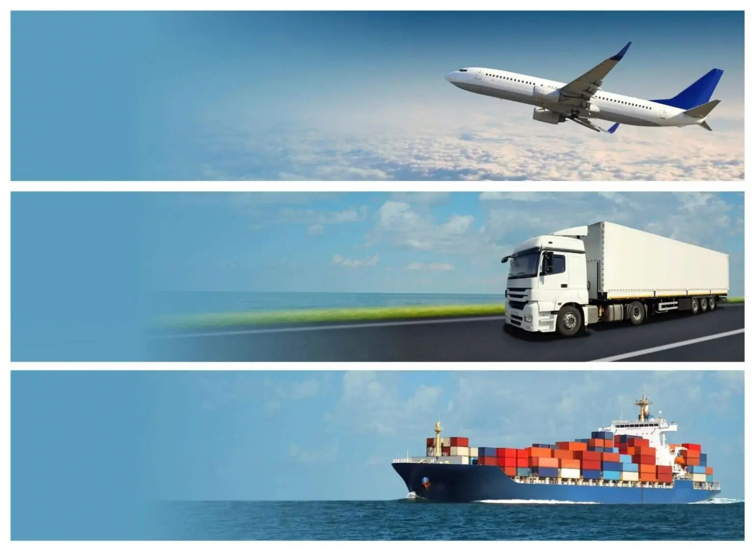 A series of three images with an airplane, truck and boat.